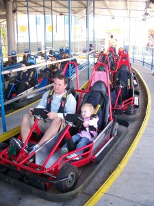 Jess and Mark on go carts, she was so excited, but then so terrified.  